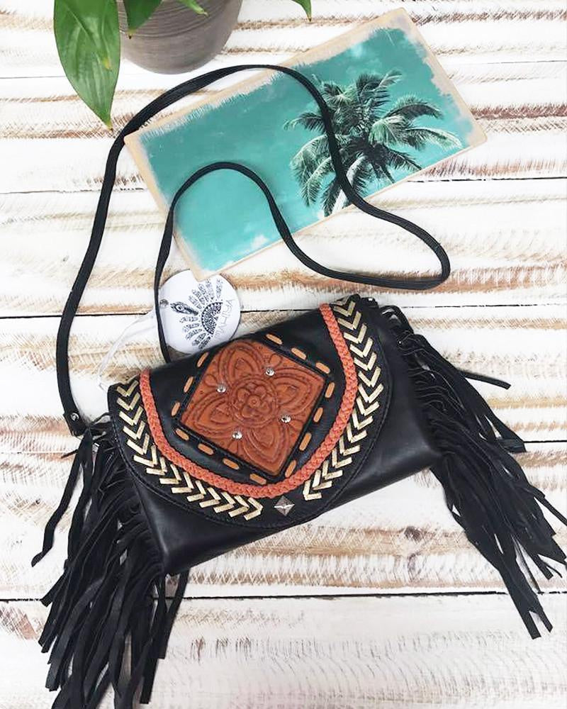 Bohemian Leather Tooled Purse Festival Fringe Crossbody Bag 